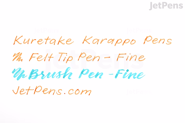 Handwritten text samples in orange, brown, and light blue ink on white paper, demonstrating writing with Kuretake Karappo empty felt tip pens: "Kuretake Karappo Pens," "Felt Tip Pen - Fine," "Brush Pen - Fine," and "JetPens.com."