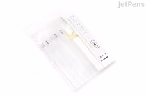 A clear plastic package containing five Kuretake Karappo empty felt tip pens with wicks, designed for fine lines. The pens are transparent with white caps and tips. The packaging is simple and labeled with the product name and details.