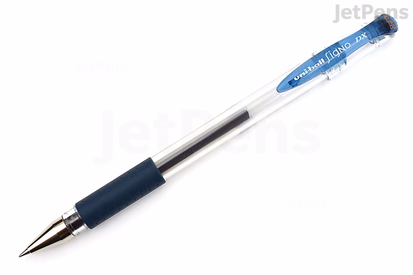 A Uni-ball Signo UM-151 gel pen with a 0.28 mm tip, featuring a transparent barrel, a blue-black ink indicator, and a dark blue grip.