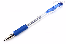 A Uni-ball Signo UM-151 gel pen with a 0.28 mm tip, featuring a transparent barrel, blue ink, and a blue rubber grip and cap.