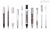 A lineup of nine silver-colored pens and mechanical pencils from the JetPens Silver Pen Sampler, displayed horizontally on a white background. The pens vary in design, tip type, and branding, showcasing a range of writing instruments.
