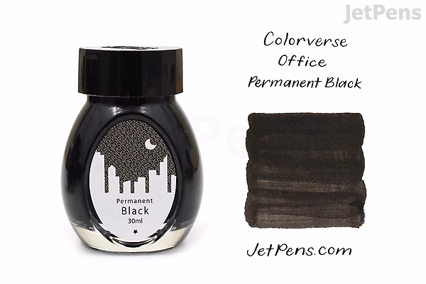 A 30 ml bottle of Colorverse Permanent Black ink labeled "Office" with a black cap, shown next to a swatch of the ink color in solid black.