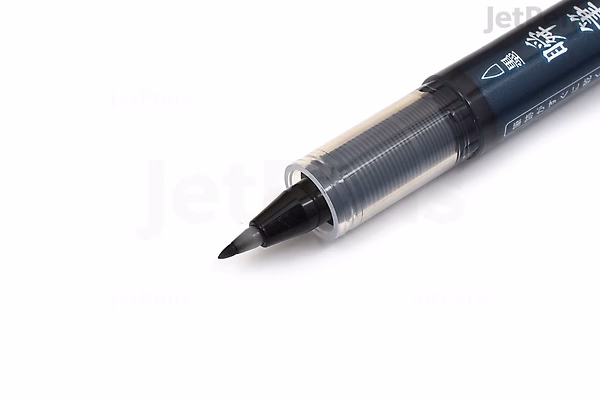 Close-up image of a Pilot Shunpitsu Pocket Brush Pen with a double-sided design, showing the black brush tip against a white background. The pen body is black and gray with Japanese characters and branding visible.