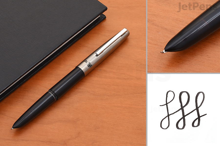 Image of pen on table, closeup on nib, and writing sample.