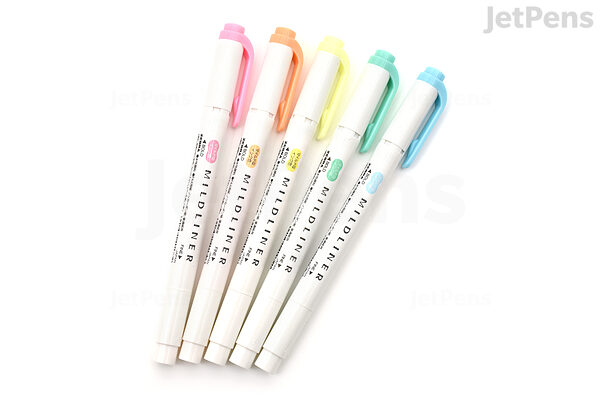 Zebra Mildliner Double-Ended Brush Pen Set, 5-Colors, Fluorescent