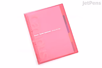 A pink KOKUYO Campus Slide Binder designed for A4 paper, featuring a slim profile and 30 rings for holding documents. The binder has a translucent cover with white text and a tabbed divider visible inside.