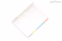 Transparent KOKUYO Campus Slide Binder for B5 paper with 26 rings, featuring colored index tabs in red, yellow, green, and blue.