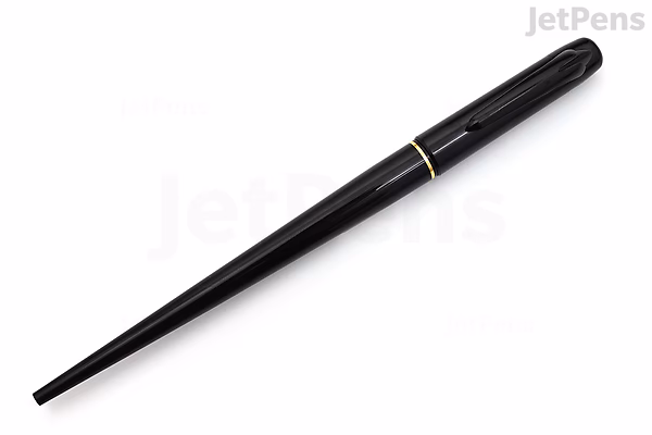 A sleek black Platinum Desk Fountain Pen with a gold accent ring near the cap, featuring an extra fine nib.