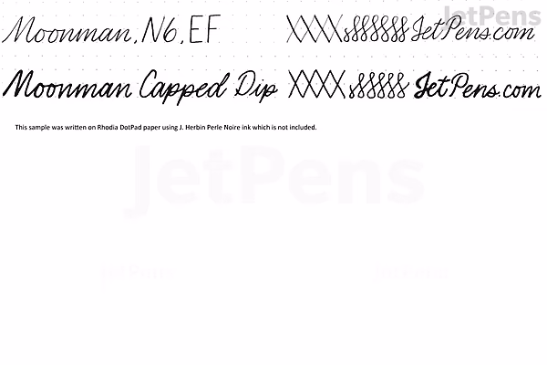 Handwritten text samples showing different pen nib styles: "Moonman N6.EF" in fine script, "Moonman Capped Dip" in cursive, and decorative strokes demonstrating the Majohn N6 Fountain Pen with Extra Fine Fude Nib and Glass Dip Nib in Marigold Swirl ink.