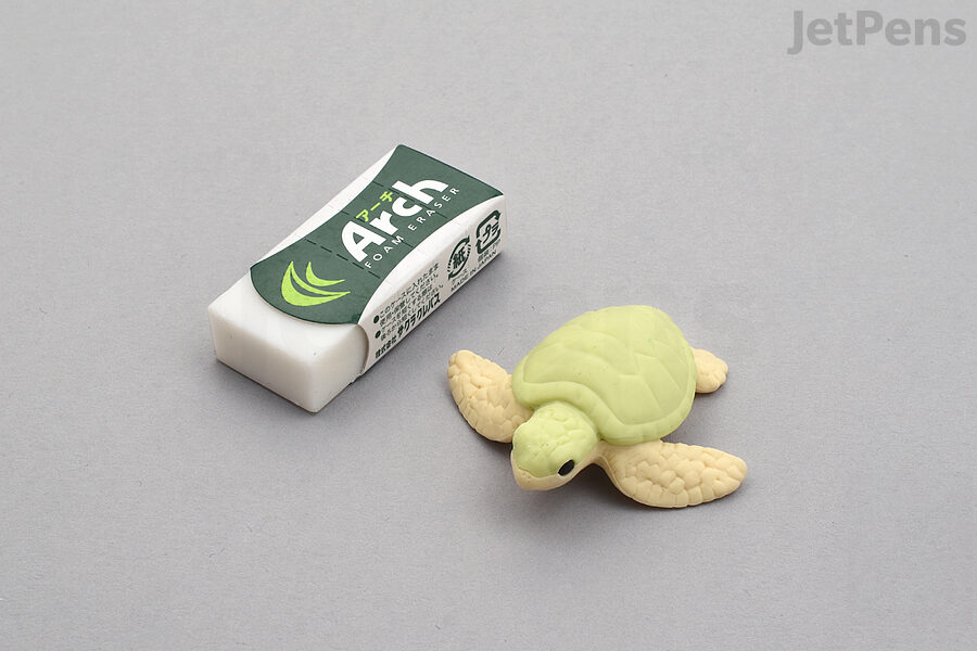 Soft vinyl erasers like the and Iwako Novelty Erasers erase cleanly and create residue that tends to clump together.