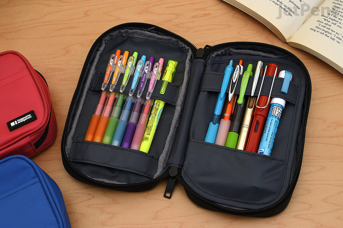 LIHIT LAB Triple Zipper Pen Case, 7.9 × 3.5 × 4.7 Inches, Blue
