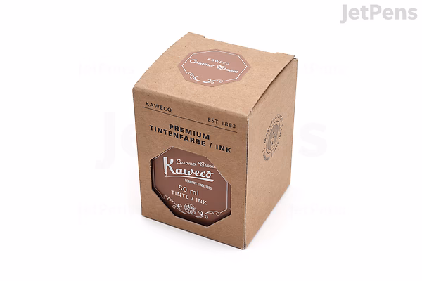 A small brown cardboard box labeled "Kaweco Caramel Brown Ink" containing a 50 ml bottle of ink, shown against a white background.