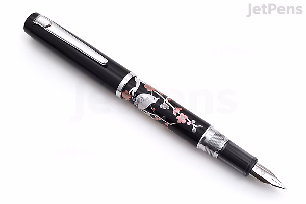A Platinum Procyon Maki-e fountain pen with a black barrel featuring an intricate design of a brush warbler bird perched on a plum tree branch with pink blossoms. The pen has silver accents and a medium nib.