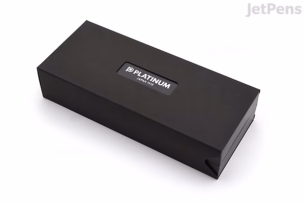 Black rectangular box with a silver "PLATINUM" logo on the top, designed for the Platinum Procyon Maki-e Fountain Pen - Brush Warbler on Plum Tree - Fine Nib - Limited Edition.