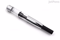 A silver platinum fountain pen converter with a clear ink reservoir and a black twist mechanism at the end.