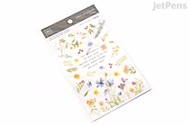 Two sheets of MU Print-On Transfer Stickers featuring various colorful wildflower illustrations arranged neatly on a white background.