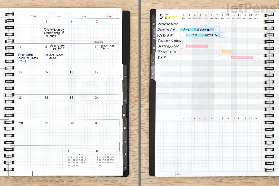 The Maruman Mnemosyne Diary is filled with useful planning tools, like monthly calendars (left) and Gantt charts (right).