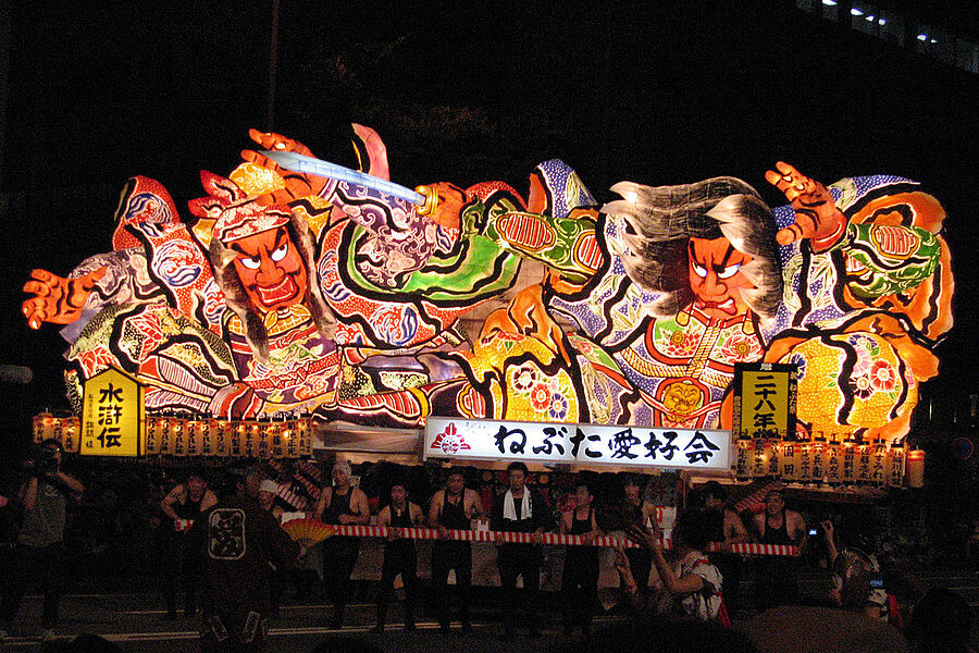 Washi floats showcasing Japanese culture and mythology are a main attraction of the Aomori Nebuta Matsuri festival.