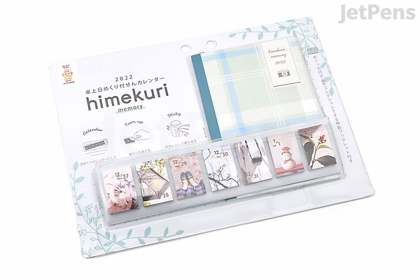 Himekuri Sticky Note Calendar 2022 set includes a booklet and daily sticky notes with minimalist designs, featuring small illustrations and calendar dates for organizing and memory-keeping.