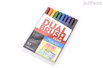 Set of 10 Tombow Dual Brush Pens in primary colors, featuring dual tips for versatile drawing and lettering, packaged in a clear plastic case.