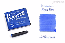 A blue box labeled "Kaweco Royal Blue Ink 6 International Ink Cartridges" with one black ink cartridge placed beside it. To the right, there is a swatch of royal blue ink with the text "Kaweco Ink Royal Blue" above and "JetPens.com" below.