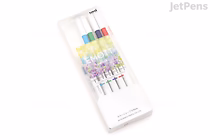 Set of four Uni EMOTT Color Mechanical Pencils, 0.9 mm, in a clear plastic case with colorful floral designs and labeled "No. 1 Refresh."