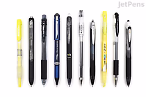 A lineup of ten black and yellow pens arranged horizontally on a white background, featuring various styles including gel pens, ballpoint pens, and mechanical pencils, designed for left-handed users.