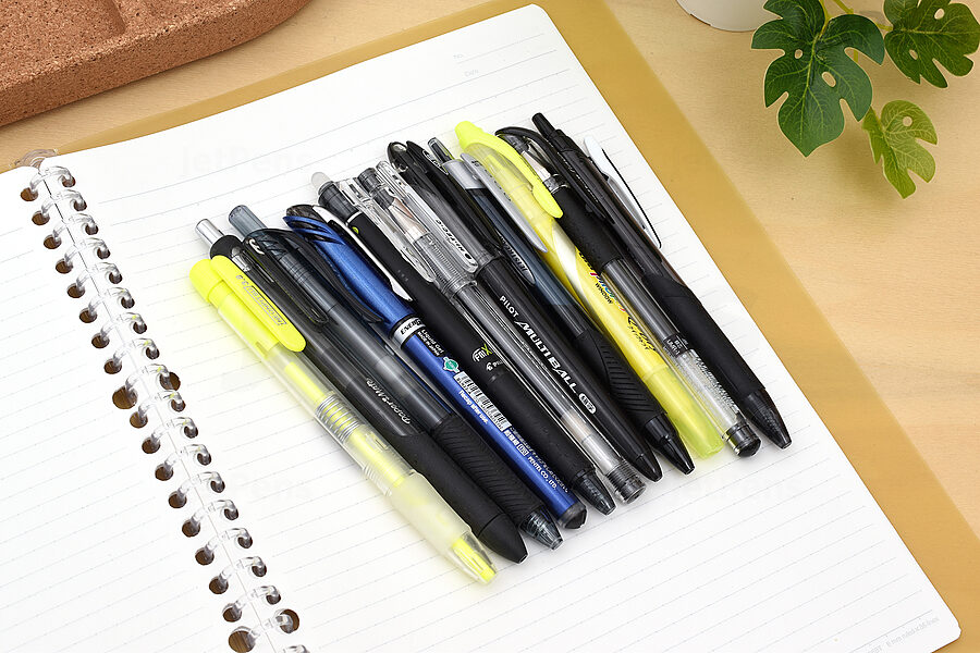 The JetPens Black Pen Sampler for the Left-Handed includes black pens and bright yellow highlighters.