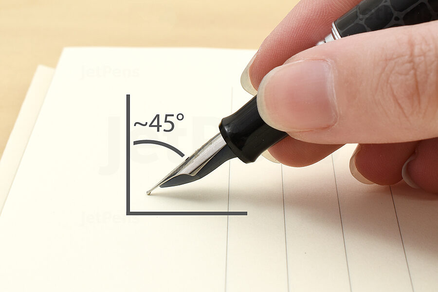 Hold the pen so the nib is at about a 45 degree angle to the paper. This is generally lower than how you would hold a ballpoint or gel pen.