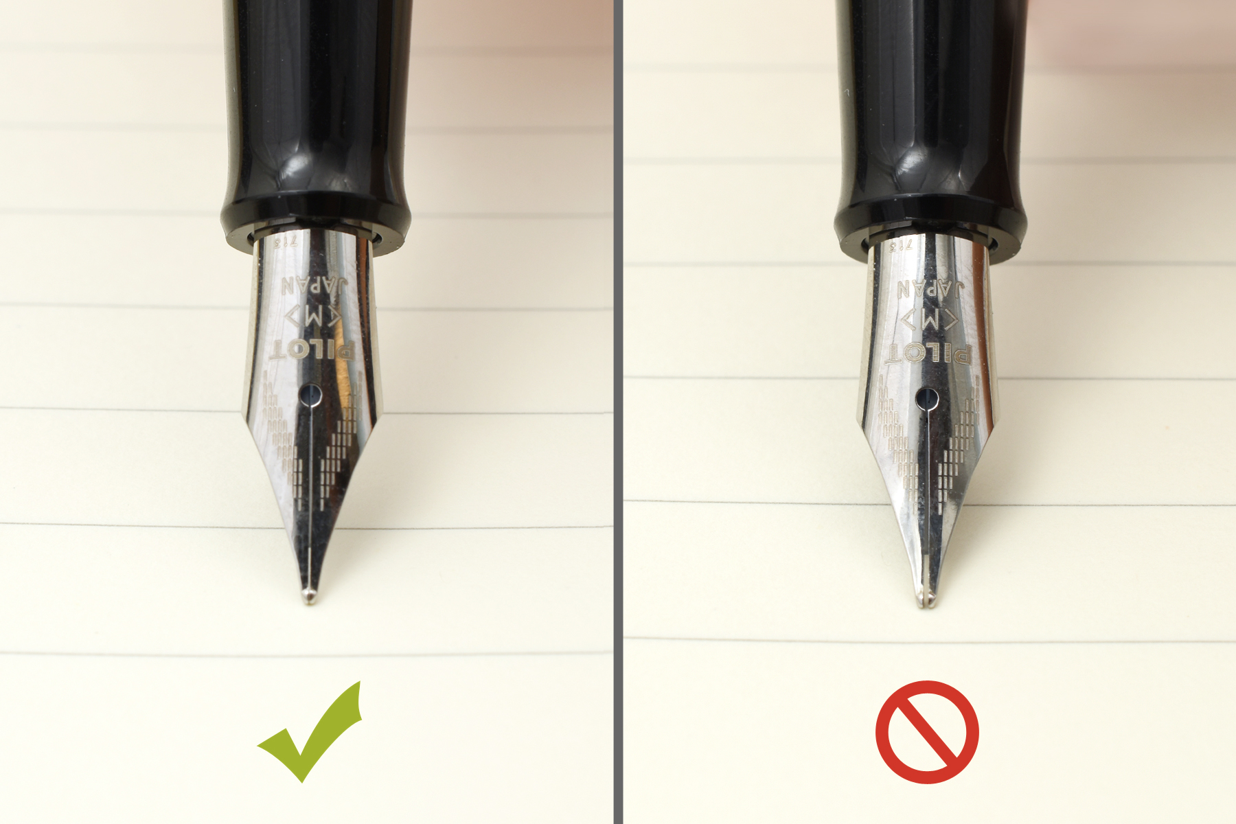With fountain pens, you only need just enough pressure to make sure the nib stays in contact with the paper.