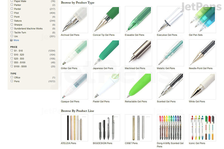 You can find Product Type and Product Line categories on JetPens.