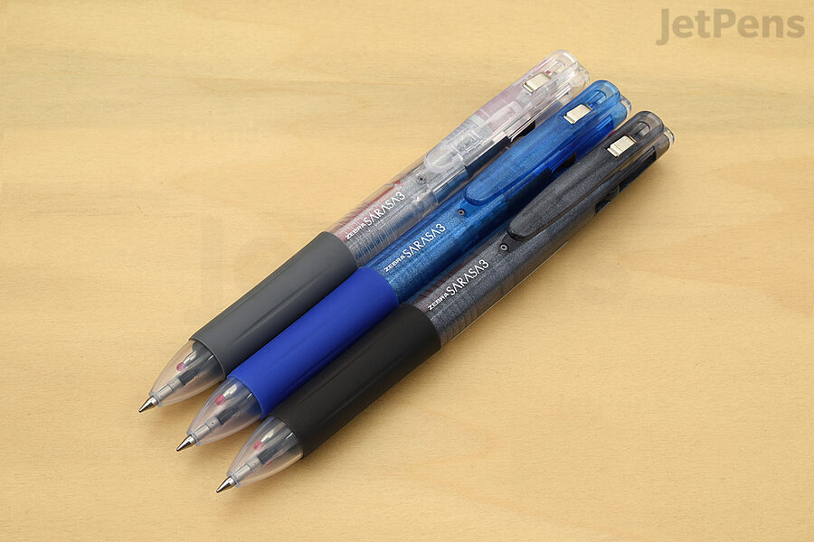 The Zebra Sarasa 3 Multi Pen comes pre-filled with three gel ink refills.