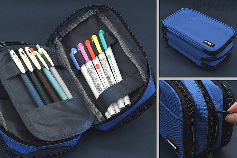 The Lihit Lab Triple Zipper Book Style Pen Case has several compartments for storing items of various sizes.