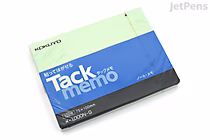 A pack of KOKUYO Tack Memo N sticky notes in green, measuring 7.5 cm by 10.0 cm, containing 100 horizontal sheets. The packaging features a green and blue design with white and black text.
