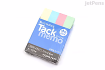 A pack of KOKUYO Tack Memo N Sticky Notes featuring half-page flag sizes measuring 7.5 cm by 1.3 cm. The pack contains four colors: yellow, blue, pink, and green. The packaging is primarily blue with white and black text.