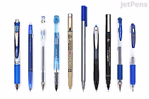 A lineup of nine blue fine tip pens arranged horizontally on a white background, showcasing various designs and styles from the JetPens Fine Tip Pen Sampler.