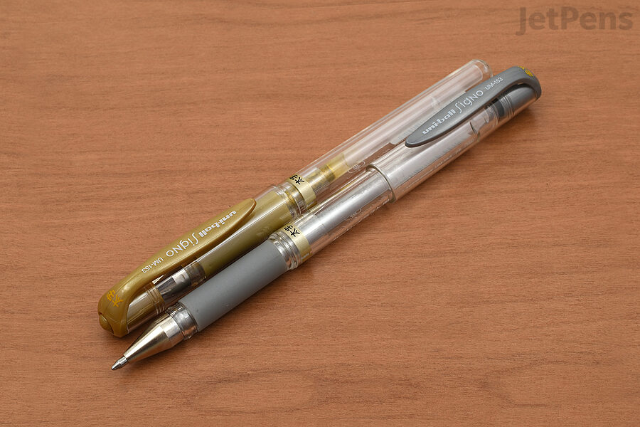 The Uni-ball Signo Broad has a bold tip that ensures its gold or silver ink flows smoothly without skipping.