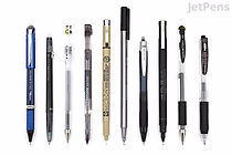 A lineup of ten black fine tip pens and mechanical pencils arranged horizontally on a white background, showcasing different designs and styles from the JetPens Fine Tip Pen Sampler.