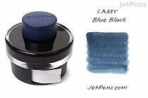 A 50 ml bottle of LAMY T 52 Blue Black ink with a dark blue cap, shown next to a swatch of the ink color, which is a deep blue-black shade.
