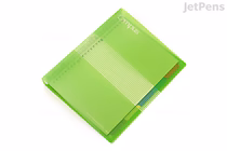 Green KOKUYO Campus Slide Binder in B5 size with 26 rings, shown partially open to display its translucent cover and inner pockets.