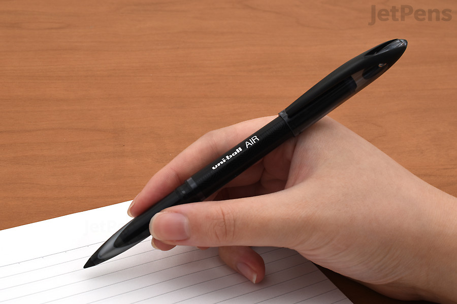 The Uni-ball Air Rollerball Pen has a tip that is surrounded by plastic, which creates less friction on the page.