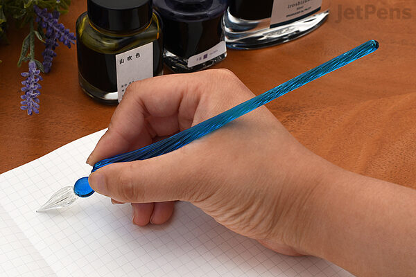  J. Herbin Round Glass Pen in Turquoise Tapered Spiral Handle w/ Frosted  Glass