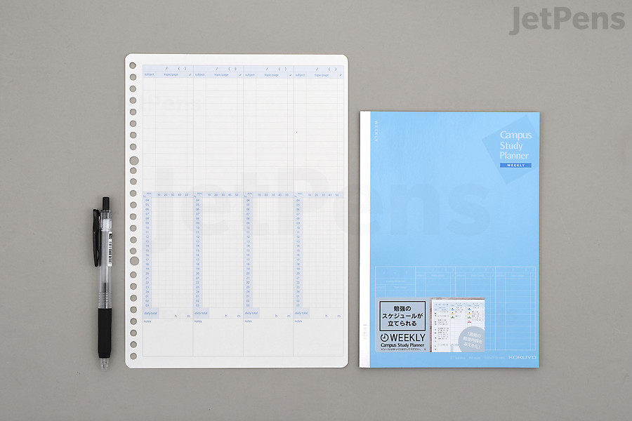 From left to right: Kokuyo Campus Weekly Study Planner B5 Loose Leaf Paper & B6 Notebook sizes.