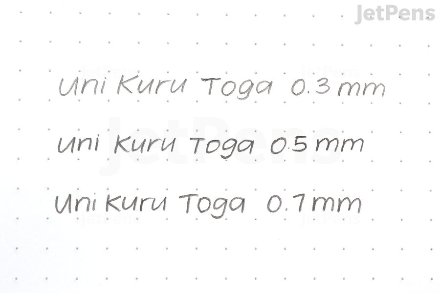The Uni Kuru Toga comes in three tip sizes: 0.3 mm, 0.5 mm, and 0.7 mm.