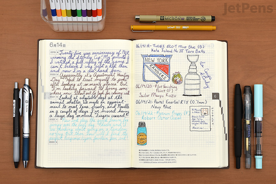 Stephanie writes down milestones, anniversaries, and other memories in the A5 Hobonichi 5-Year Techo.