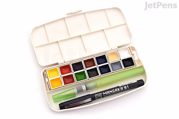 Open Kuretake Gansai Tambi Mini Watercolor Palette showing 14 vibrant paint colors arranged in two rows, alongside a green water brush and a black dual-tip brush pen inside the compact white metal case.