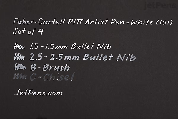 Handwritten text on a black background listing details of a Faber-Castell PITT Artist Pen - White 101 set of 4, including nib sizes: 1.5 mm and 2.5 mm bullet nibs, B brush, and C chisel. The website JetPens.com is also noted.