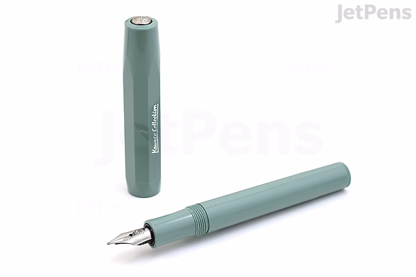 A Kaweco Collection Sport Fountain Pen in smooth sage color with an extra fine nib, shown uncapped with the cap standing upright beside it.