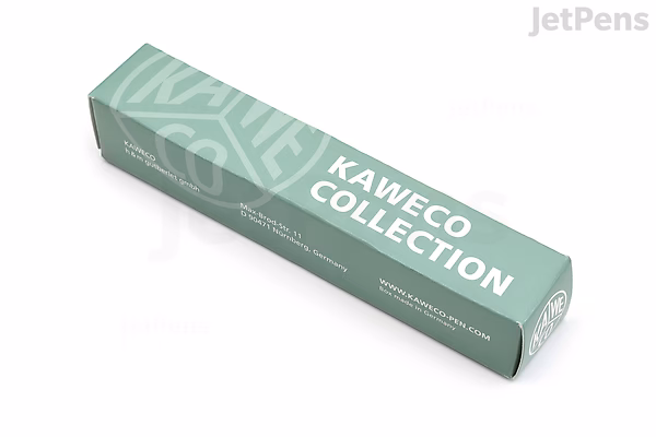 A rectangular, sage green box labeled "Kaweco Collection" in white text, containing a limited edition Kaweco Sport fountain pen with a medium nib.