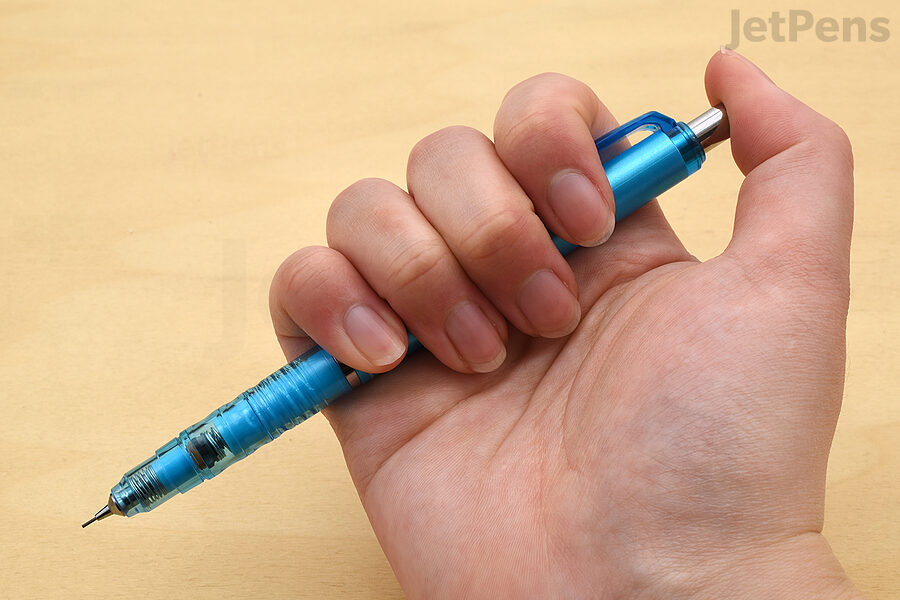Push button mechanical pencils are the most common. Pressing a button extends a set amount of lead.